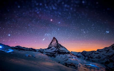 Snow Mountains Night Sky Stars 4k Hd Desktop Preview