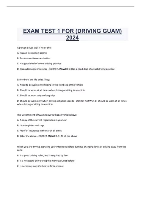 EXAM TEST 1 FOR (DRIVING GUAM) 2024 - DRIVING GUAM - Stuvia US