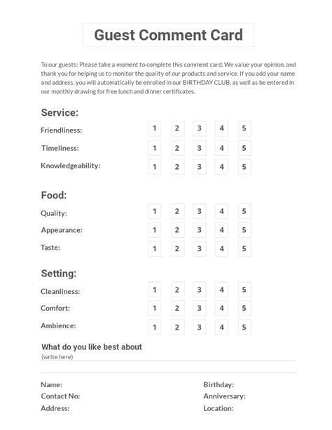 Guest Comment Card Template Free Pdf Pdf Word Apple Pages