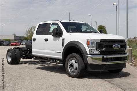 Ford F-550 Super Duty Chassis Cab display at a dealership. The Ford F550 comes in gas or diesel ...