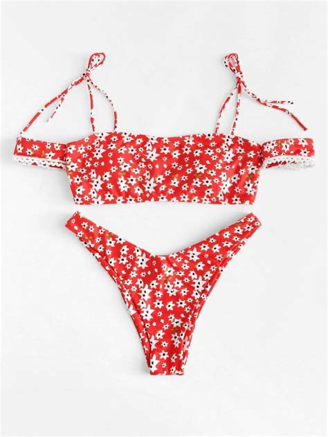 Calico Print Off The Shoulder Bikini Set Shein Sheinside