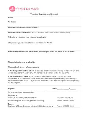 Fillable Online Fittedforwork Volunteer Expression Of Interest Docx