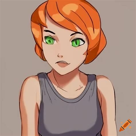 Anime Style Gwen Tennyson With Orange Pixie Hair In A Gray Sleeveless T