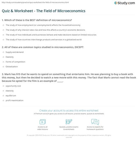 Quiz Worksheet The Field Of Microeconomics Study