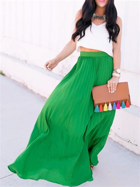 High Waist Pleated Longline Skirt Shein Sheinside Green Pleated