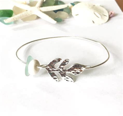 Ulu Leaf Sea Glass Bracelet Aqua Sea Glass Bangle Seafoam Puka Etsy