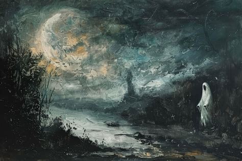 Premium Photo | A gothic painting with a dark landscape a moon and a ghost