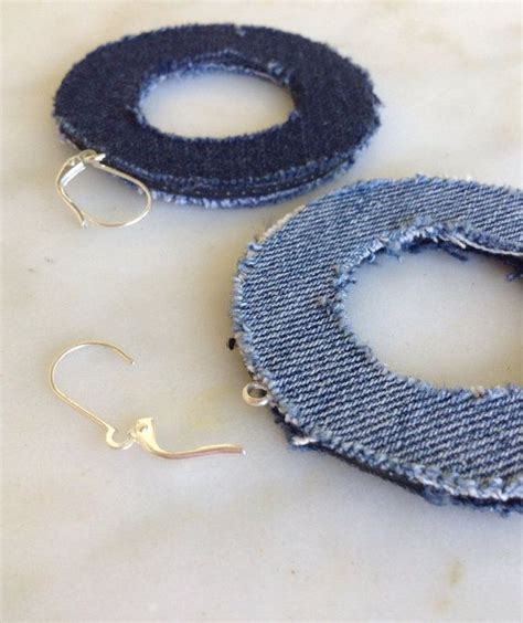 Denim Jean Fabric Hoop Earrings Reversible Handmade Recycled Denim Jean Two Sided Made To