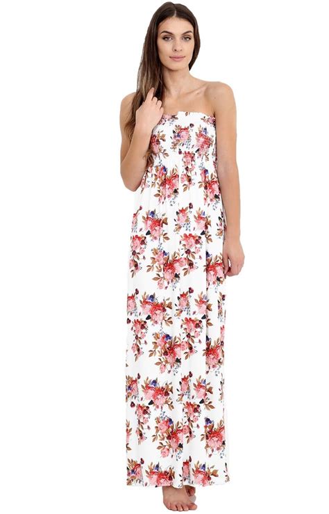 Womens Strapless Maxi Dress Ladies Sheering Floral Boobtube Bandeau