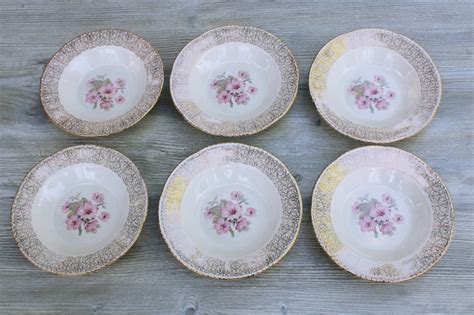 S Vintage Homer Laughlin Soup Bowls Gold Filigree Border Pink Apple