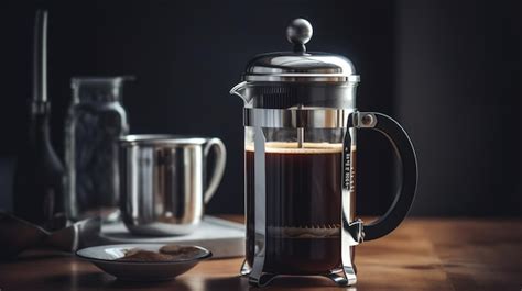 Una Cafetera De Prensa Francesa Se Sienta En Una Mesa Junto A Un Plato