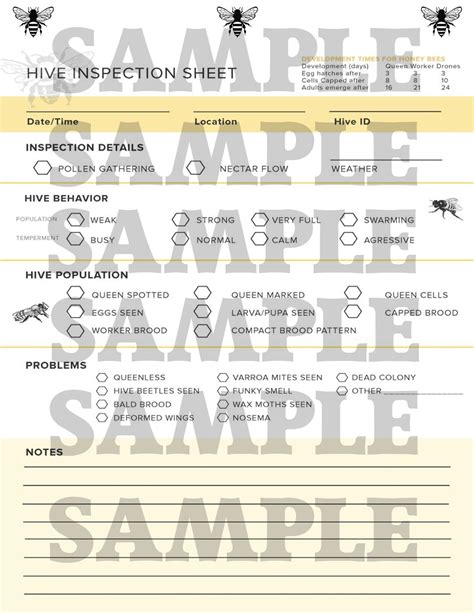 Bee Hive Inspection Sheet Unlimited Use Printable Etsy