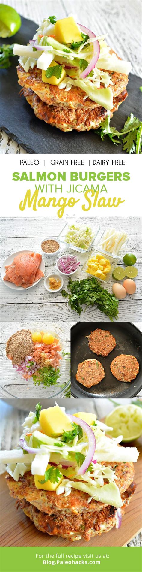 Salmon Burgers With Paleo Friendly Mango Jicama Slaw