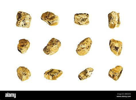 Golden stones set on white background isolated close up, gold nuggets ...