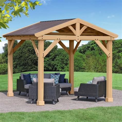 Yardistry Natural Cedar Stain Wood Square Gazebo With Aluminum Roof Exterior 992 Ft X 10 Ft