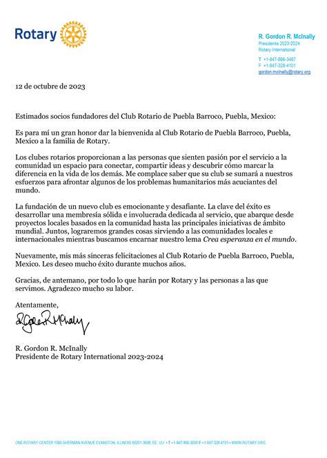 Carta De Bienvenida Del Club Rotario Puebla Barroco A Rotary Club