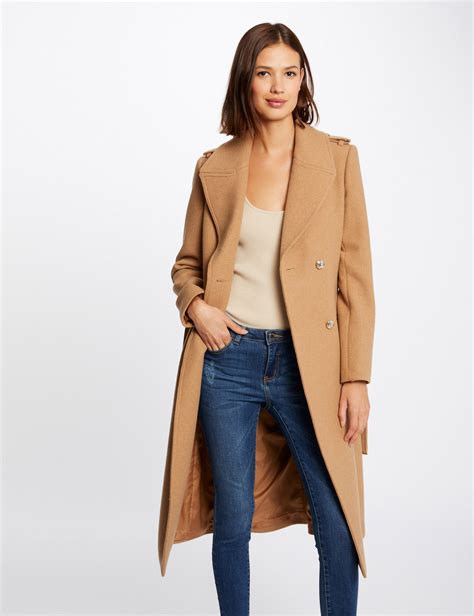 Manteau Droit Boutonn Et Ceintur Caramel Femme Morgan