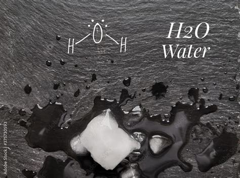 Structural chemical formula of water molecule with melting ice cube and ...