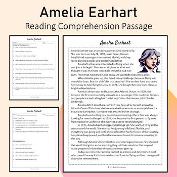 Amelia Earhart Biography Reading Comprehension Printable Tpt