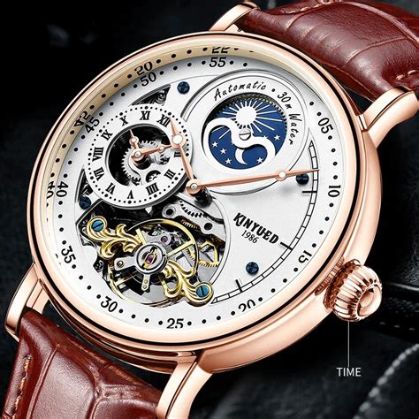 Kinyued Men S Automatic Mechanical Watch Moon Phase Skeleton Two Time