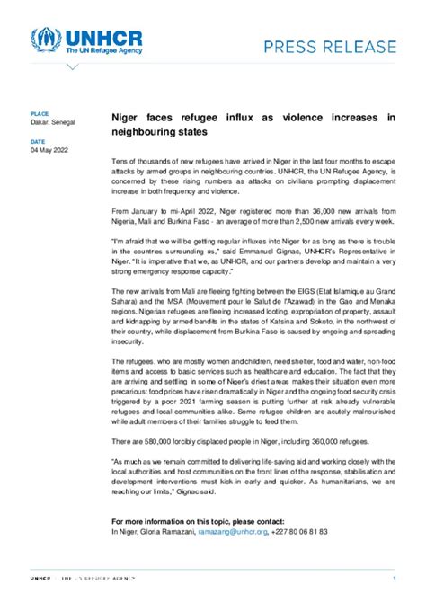 Document Unhcr Press Release Niger Faces Refugee Influx As Violence