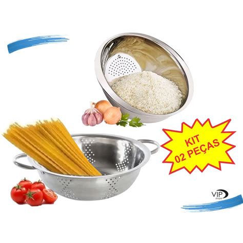 Kit 02 Escorredor Lavador De Arroz Macarrão em Aço Inox Lavador