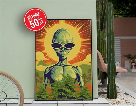 UFO Weed Vintage Wall Art Alien Retro Prints Man Woman Cave - Etsy