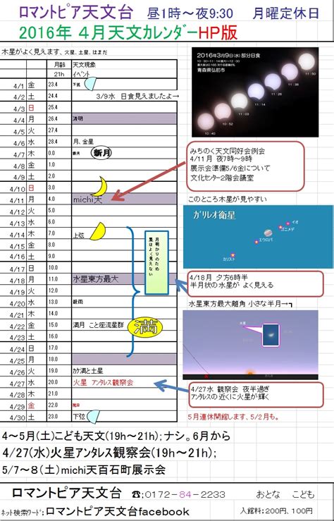 2016年4月の天文カレンダー 星と森のロマントピア 天文台「銀河」 【公式】星と森のロマントピア