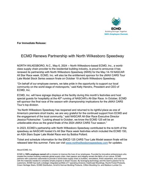 Ecmd Renews Partnership With North Wilkesboro Speedway By Ecmd Inc