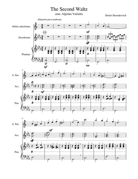 The Second Waltz Sheet Music For Piano Saxophone Alto Accordion Mixed Trio