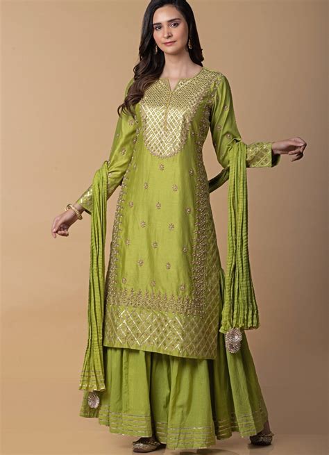 Lime Green Embroidered Kurta With Crushed Dupatta Pink City By Sarika