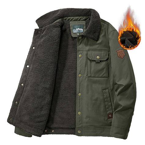 Mens Cotton Cargo Jacket Winter Sherpa Fleece Lined Work Jacket Coats