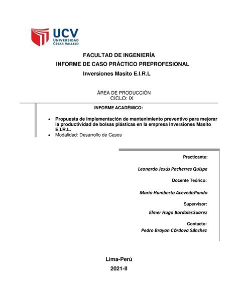 Modelo Informe PPP FACULTAD DE INGENIERÍA INFORME DE CASO PRÁCTICO