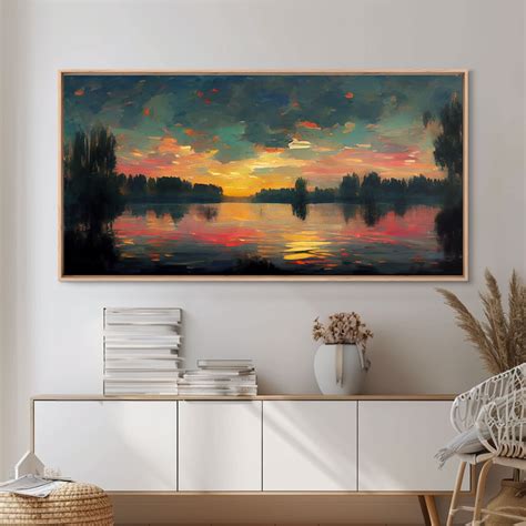 Lakehouse Canvas Print, Watercolor Painting of a Sunset Reflected on a ...