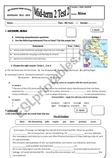 Th Form Test Esl Worksheet By Adelhajjem