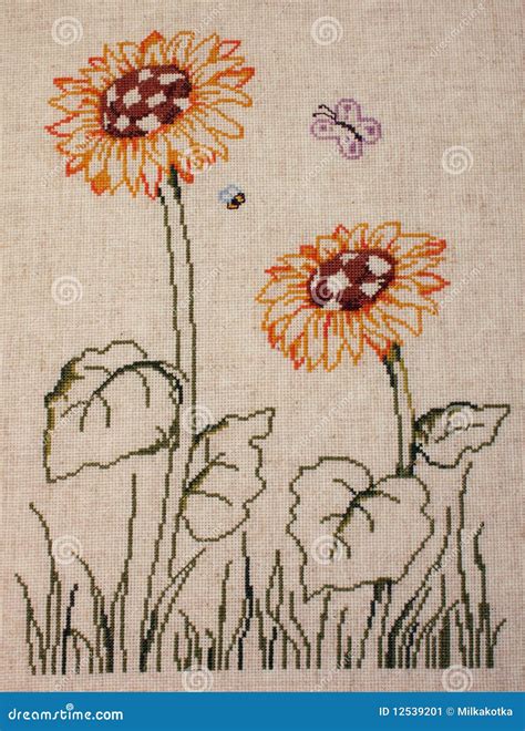 Sunflowers. Cross-stitch. stock image. Image of fabric - 12539201