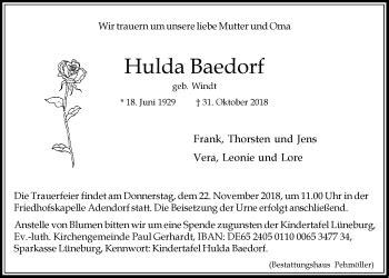 Traueranzeigen Von Hulda Baedorf Trauer L Neburg De