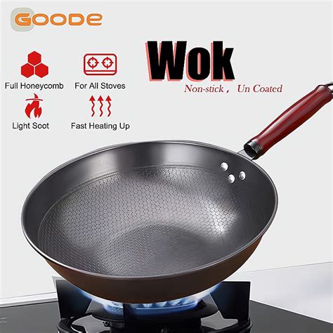 GOODE Kawali Non Stick Wok Pan Flat Bottom Duty Carbon Steel Wok Pan 32