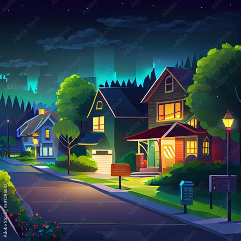 Urban Or Suburban Neighborhood At Night Houses With Lights Late