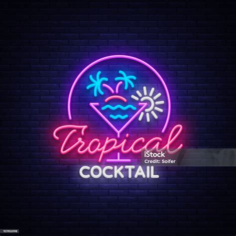 Tanda Neon Koktail Tropis Logo Koktail Gaya Neon Spanduk Ringan Iklan