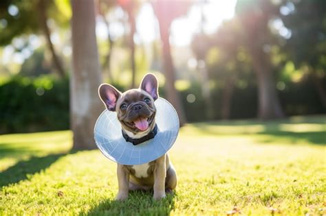 Premium Photo Dog Wearing A Cone After Surgery Treatment In The Park