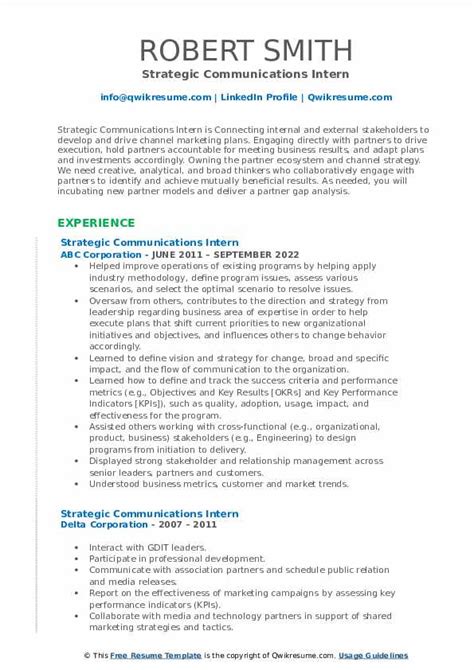 Strategic Communications Intern Resume Samples Qwikresume