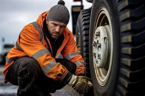 Premium Photo | Worker checking the tire pressure of a dump trucks ...