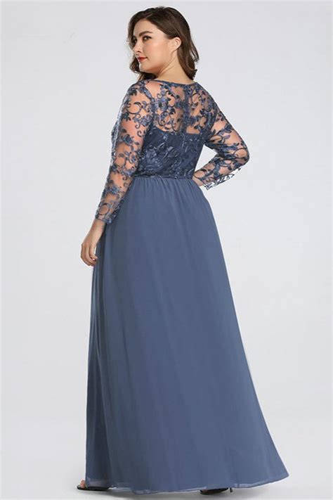 Elegant Dusty Blue Long Sleeve Plus Size Evening Gowns Plus Size