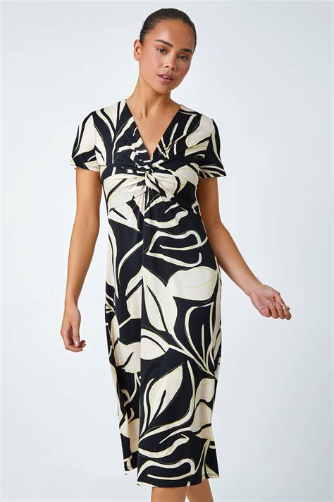 Black Petite Leaf Twist Stretch Dress Roman Uk