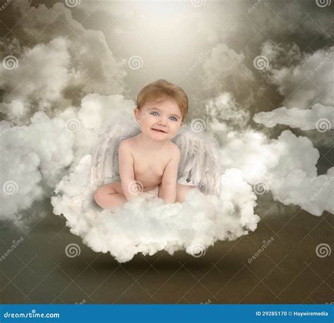 Happy Angel Baby Sitting On Clouds Stock Photo Image Of Adorable