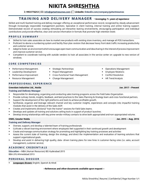 Training Delivery Manager Resume Examples Template With Job