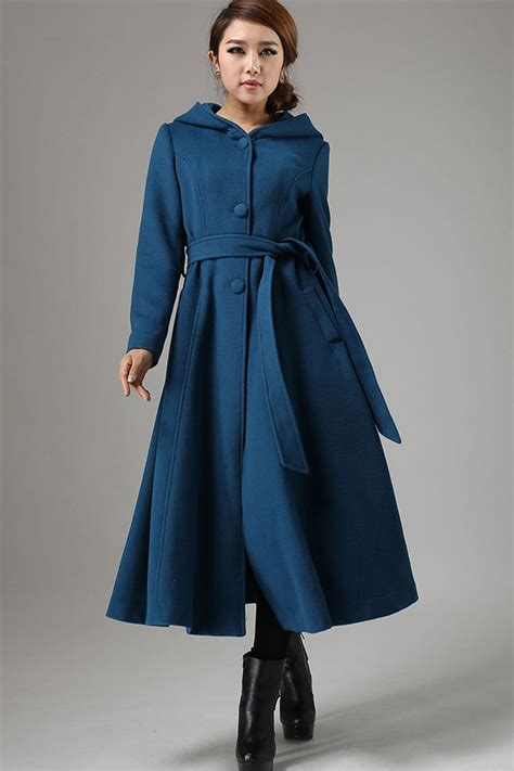 Blue Wool Swing Coat Womens Long Coat With Warm Hood 0739 Xiaolizi