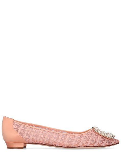 Manolo Blahnik 10mm Hangisi Embellished Lace Flats In Coral Modesens