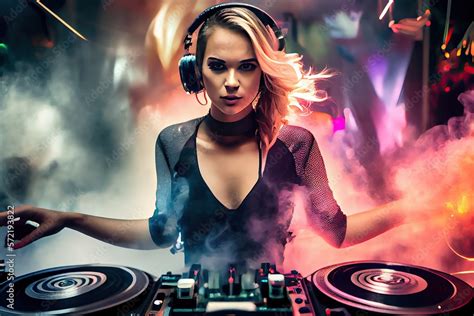 Dj Girl With Blonde Hair Using Dj Mixer In Nightclub With Colorful